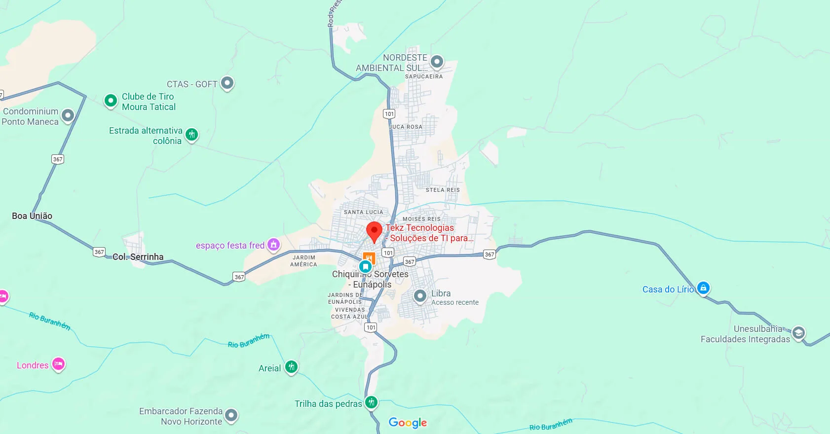 Mapa de Eunápolis e região com a localização da Tekz