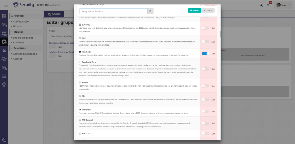 Tela de categorias para permitir ou bloquear aplicativos