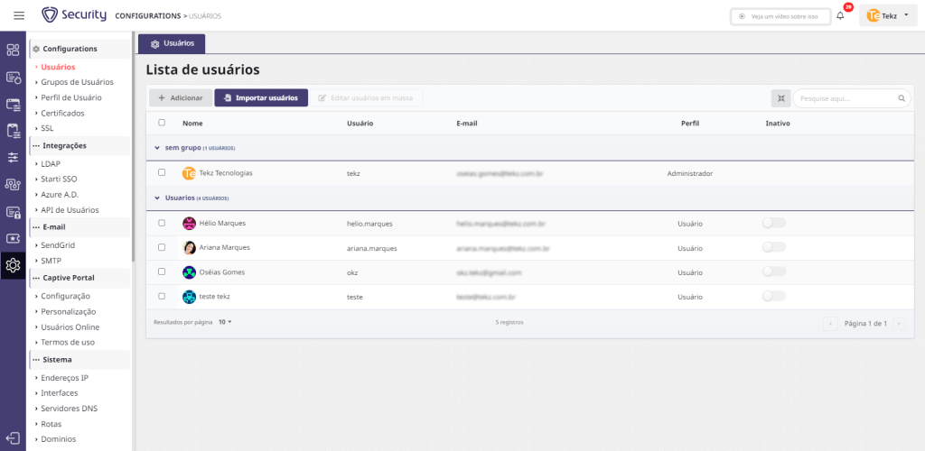 Uma das seções da aba de configurações