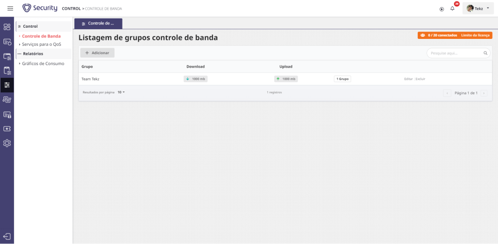 Tela mostrando a limitação de internet do Time Tekz