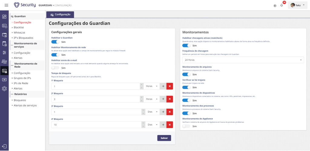 Tela mostrando algumas configurações do Guardian