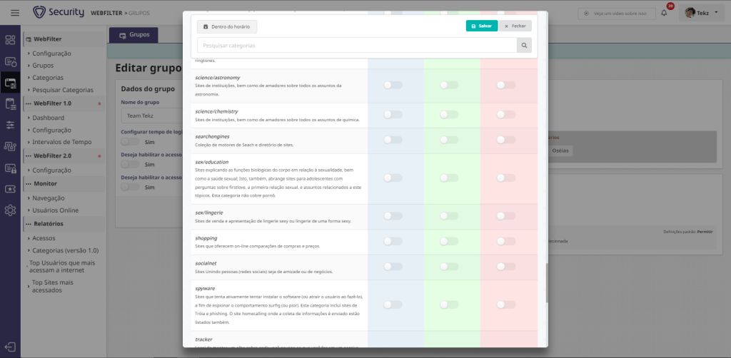 Tela de categorias para permitir ou bloquear